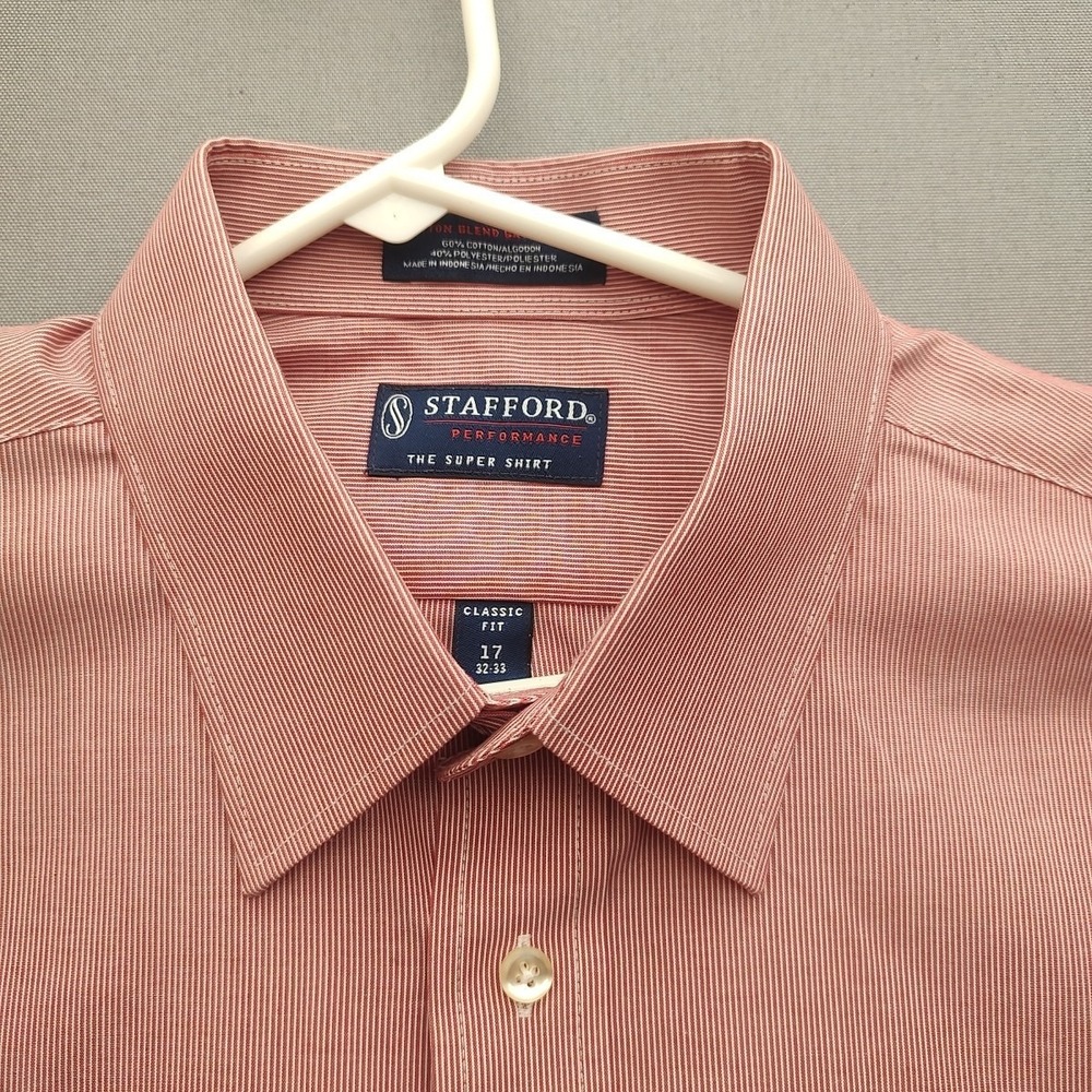 Stafford Performance Classic Fit Men's Red Button-up Shirt Long Sleeve 17 32-33